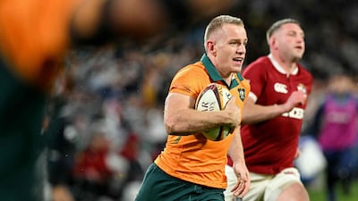 Australia's Max Jorgensen runs towards the try line during the third Test against the British & Irish Lions. AFP