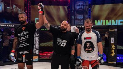 Chi Lewis-Parry, left, retains the UAE Warriors heavyweight title.UAE Warriors 13 at The Rotunda Caesars Palace Bluewaters in Dubai, September 25, 2020. Courtesy UAE Warriors