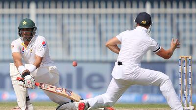 Pakistan captain Misbah-ul-Haq plays a shot during Pakistan and England Test match at the Sharjah Cricket Stadium. Kamran Jebreili / AP Photo
