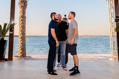 Khabib Nurmagomedov and Justin Gaethje during their pre-fight face-off at Yas Beach ahead of UFC 254. Courtesy UFC
