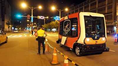 The self-driving bus EZ10 undergoes tests on a closed-off road in Taipei, Taiwan. Eventually virtually everything moves will be self-driving. David Chang / EPA