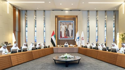 Sheikh Mohamed bin Zayed, Crown Prince of Abu Dhabi and Deputy Supreme Commander of the UAE Armed Forces (seventh right) chairs a Supreme Petroleum Council meeting at Adnoc headquarters. Seen with Awaidha Murshed Al Murar, Chairman of Department of Municipal Affairs and Transport and Abu Dhabi Executive Council Member (right), Khaldoon Khalifa Al Mubarak, CEO and Managing Director Mubadala, Chairman of the Abu Dhabi Executive Affairs Authority and Abu Dhabi Executive Council Member (second right), Suhail bin Mohamed Faraj Faris Al Mazrouei, UAE Minister of Energy (fourth right), Sheikh Theyab bin Mohamed bin Zayed, Chairman of the Department of Transport, and Abu Dhabi Executive Council Member (fifth right), Sheikh Mansour bin Zayed, UAE Deputy Prime Minister and Minister of Presidential Affairs (sixth right), Abdulla Nasser Al Suwaidi (left), Riyad Abdulrahman Al Mubarak, Chairman of the Abu Dhabi Department of Finance and Abu Dhabi Executive Council Member (second left), Dr Ahmed Mubarak Al Mazrouei, Secretary General of the Abu Dhabi Executive Council (third left), Dr Sultan Ahmed Al Jaber, UAE Minister of State, Chairman of Masdar and CEO of ADNOC Group (fourth left) and Sheikh Hazza bin Zayed, Vice Chairman of the Abu Dhabi Executive Council (fifth left). Mohamed Al Hammadi / Ministry of Presidential Affairs
