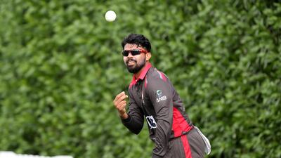 Basil Hameed of UAE during the World Cup League 2 match against USA at the ICC Academy in Dubai. Pawan Singh / The National