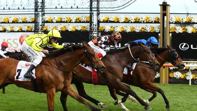 Kerrin McEvoy riding Exhilarates wins the Mss Security Sprint during 2020 Lexus Melbourne Cup Day. Getty Images for the VRC