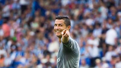 Cristiano Ronaldo of Real Madrid CF celebrates after scoring his team’s sixth goal during the La Liga match between RCD Espanyol and Real Madrid CF at Cornella-El Prat Stadium on September 12, 2015 in Barcelona, Spain. (Photo by Alex Caparros/Getty Images)