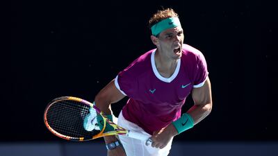 Rafael Nadal of Spain serves in his first round singles match against Marcos Giron of United States. Getty Images