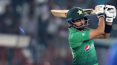 Pakistan's Babar Azam is bowled by Nuwan Pradeep on Monday. AP