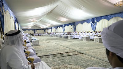 Guests offer condolences to the family of Abdulla bin Jaber Al Khaili, in Al Ain. Mohamed Al Hammadi / Ministry of Presidential Affairs
