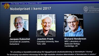 The 2017 Nobel prize for Chemistry goes to(L-R): Jacques Dubochet,of the University of Lausanne, Switzerland; Joachim Frank of Columbia University, New York and Richard Henderson of MRC Laboratory of Molecular Biology, Cambridge,UK. Claudio Bresciani / EPA