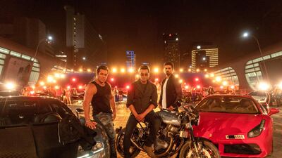 Salman Khan with Bobby Deol and Saqib Saleem on location at Abu Dhabi National Exhibition Centre for ‘Race 3’. Courtesy twofour54