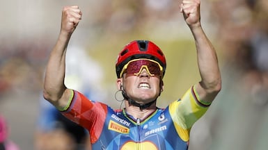Mads Pedersen celebrates winning Stage 4 of the 2026 Tour de France. EPA
