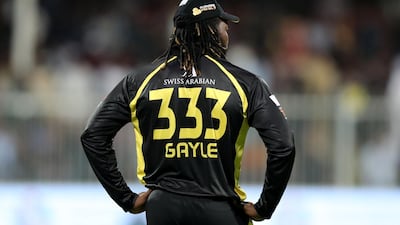 Chris Gayle of Kerala Knights during their game against Pakhtoons in the T10 League at Sharjah Cricket Stadium on Wednesday.
