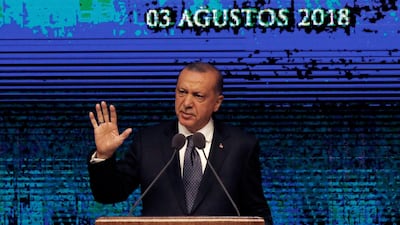 Turkey's President Recep Tayyip Erdogan speaking in Ankara on August 3, 2018. AP