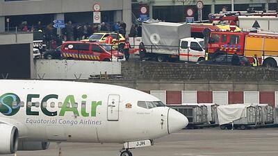 Emergency services at the scene of explosions at Zaventem airport near Brussels, Belgium, on Tuesday. Francois Lenoir / Reuters