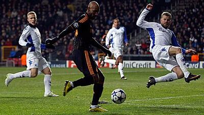 Chelsea’s Nicolas Anelka, centre, has a shot on goal during their 2-0 Champions League win in Copenhagen.