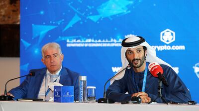 Abdulla bin Touq, Minister of Economy, right, with Bernard Caiazzo, president of the Global Football Alliance, at the Investopia Future of Sport conference in Dubai. Pawan Singh / The National