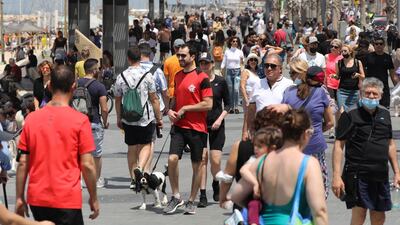 People without face masks enjoy the weather on the beach of Tel Aviv. EPA