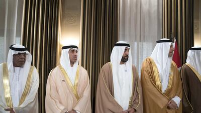 (L-R) HE Matar Shamsi, UAE Ambassador to Jordan, Yousef Al Otaiba, UAE Ambassador to the US and Mexico, Mohammed Al Mazrouei, Undersecretary of the Crown Prince Court of Abu Dhabi and Khaldoon Al Mubarak, attend an agreement signing, at Al Husseiniya Palace. Essa Al Hammadi for the Ministry of Presidential Affairs