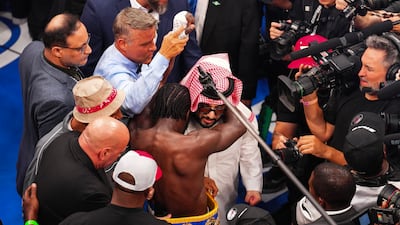 Terence Crawford is congratulated by Turki Alalshikh after his victory. Getty Images