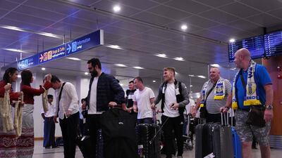 Members of Leeds United FC arrive in Yangon international airport on May 8, 2018. Leeds United arrived in Myanmar May 8 to kick off an end-of-season tour mired in controversy over whether the second tier Championship team should be playing in a country that the UN accuses of ethnic cleansing against its minority Rohingya Muslim community. Ye Aung Thu/ AFP Photo