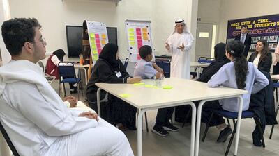 Abdulla Al Karam, director general of KHDA, speaks to students at Al Khaleej National School in Dubai. Kelly Clarke / The National