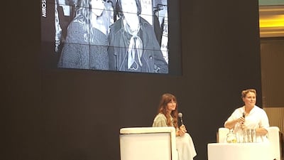 Miroslava Duma is being interviewed on stage at Vogue Fashion Dubai Experience in The Dubai Mall. Photo by Hafsa Lodi
