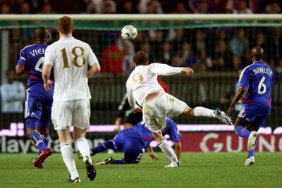 Scotland's James McFadden (9) rifles in the only goal of a European Championship qualifying match against France at the Park des Princes, Paris, on September 12, 2007. PA via Getty Images