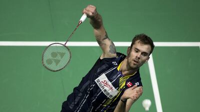 Jan O Jorgesen of Denmark against Kento Momota of Japan. Getty Images for Falcon