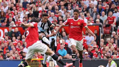 Newcastle forward Joelinton shoots during the match against Manchester United. Getty Images