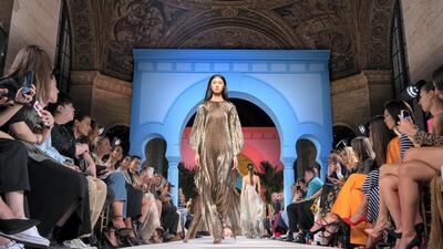 A model walks the runway for Oscar de la Renta during New York Fashion Week. WireImage