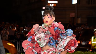 Rihanna in a Comme des Garcons attire at the 2017 Met Gala. FilmMagic