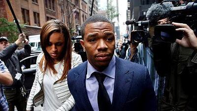 Ray Rice arrives with his wife Janay Palmer for an appeal hearing of his indefinite suspension from the NFL for domestic violence. (AP Photo/Jason DeCrow, File)