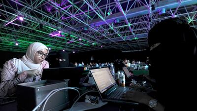 Women attend a hackathon in Jeddah on July 31, 2018, prior to the start of the annual Hajj pilgrimage in the holy city of Mecca. More than 3,000 software developers and 18,000 computer and information-technology enthusiasts from more than 100 countries take part in Hajj hackathon in Jeddah until August 3. / AFP PHOTO / Amer HILABI