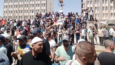 Up to 2,000 people gathered on Wednesday at the main square in the provincial capital of Suweida, a sharp increase from previous days. Photo: Suwayda24