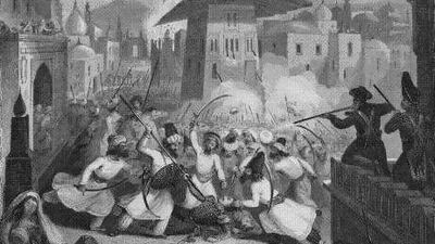 The assassination of Sir Alexander Burnes, a British diplomat, in Kabul in 1841 is depicted in this artwork. Burnes' death sparked the retreat of 16,000 British troops, most of whom perished. Hulton Archive / Getty Images