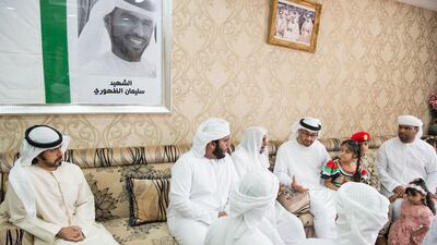 Sheikh Mohammed bin Zayed, Crown Prince of Abu Dhabi and Deputy Supreme Commander of the Armed Forces, offers condolences to the family of Soliman Mohamed Al Dhuhouri, who died while serving with the UAE Armed Forces in Yemen. Seen with Sheikh Khalifa bin Tahnoon, Director of the Martyrs’ Families’ Affairs Office of the Abu Dhabi Crown Prince Court. Mohamed Al Suwaidi / Crown Prince Court - Abu Dhabi