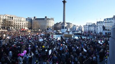 Protesters gather at the Trafalgar Square to take part in the Women’s March in London, Britain. EPA