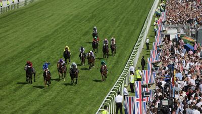 Godolphin celebrated their first win in the Epsom Derby as William Buick rode Masar to victory, much to the delight of Sheikh Mohammed bin Rashid, Vice President of the UAE and Ruler of Dubai, and Sheikh Hamdan bin Mohammed, Crown Prince of Dubai. Daniel Leal-Olivas / AFP