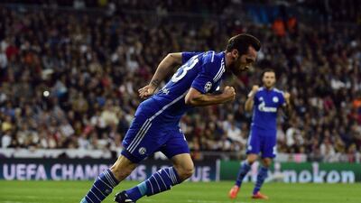 Schalke's Christian Fuchs celebrates his goal against Real Madrid in the Champions League on Tuesday night at the Santiago Bernabeu. Gerard Julien / AFP