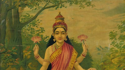 Varma's work in depicting gods and goddesses with human faces, such as Lakshmi here, captured the imagination of the masses. Photo: Raja Ravi Varma Heritage Foundation