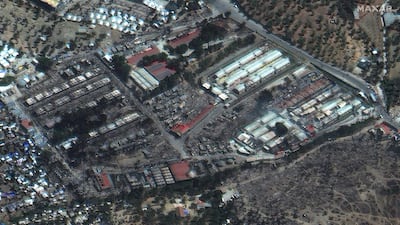 A satellite image shows an overview of burned shelters at the Moria camp on the island of Lesbos, Greece on September 10, 2020. Reuters