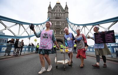 Demonstrators try to hold a tea party at the south end of the bridge. EPA