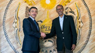 The UAE’s Minister of Foreign Affairs and International Cooperation, Sheikh Abdullah bin Zayed, met Rwanda's President, Paul Kagame, during his Africa visit this month. Saeed Jumoh / WAM