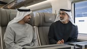 Sheikh Khaled bin Mohamed, Crown Prince of Abu Dhabi, and Sheikh Theyab bin Mohamed, Deputy Chairman of the Presidential Court for Development and Fallen Heroes' Affairs and Chairman of Etihad Rail, at the passenger station in Mohamed bin Zayed City. All photos: Wam