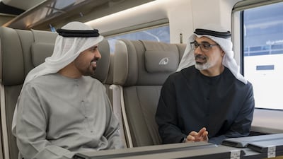 Sheikh Khaled bin Mohamed, Crown Prince of Abu Dhabi, and Sheikh Theyab bin Mohamed, Deputy Chairman of the Presidential Court for Development and Fallen Heroes' Affairs and Chairman of Etihad Rail, at the passenger station in Mohamed bin Zayed City. All photos: Wam