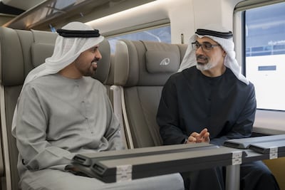 Sheikh Khaled bin Mohamed, Crown Prince of Abu Dhabi, and Sheikh Theyab bin Mohamed, chairman of Etihad Rail, at the station in Mohamed bin Zayed City. Photo: Wam