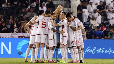 UAE players in a huddle during the World Cup qualifier against Qatar at the Jassim bin Hamad Stadium in Al Rayyan, Qatar. The hosts won 2-1. Chris Whiteoak / The National