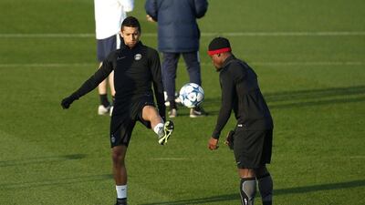Paris Saint-Germain players Marquinhos and Serge Aurier shown on Monday during the team’s training session. Benoit Tessier / Reuters