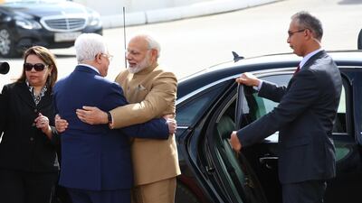 Indian prime minister Narendra Modi is greeted by Palestinian president Mahmoud Abbas upon his arrival in the West Bank City of Ramallah on February 10, 2018. Alaa Badarneh / EPA