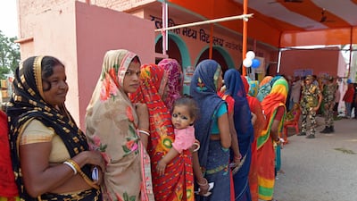 Voters at a polling station in the city of Hajipur, in Bihar, east India, on Monday, in the fifth phase of the country's general election. AFP